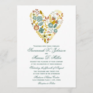Autumn Boho Floral Heart Fall Wedding Invitations Kaart