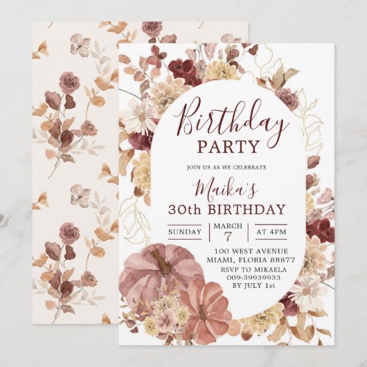 Autumn Boho Floral Pumpkin Birthday party Invite Kaart (Voorkant / Achterkant)