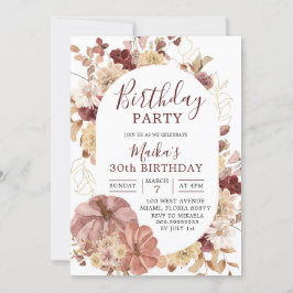 Autumn Boho Floral Pumpkin Birthday party Invite Kaart