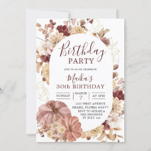 Autumn Boho Floral Pumpkin Birthday party Invite Kaart