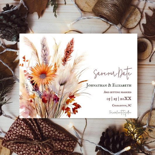 Autumn Boho Floral | Wit De datum opslaan Save The Date
