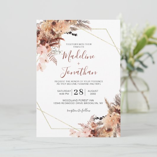 Autumn Boho Terracotta Floral Geometry Wedding Kaart (Staand voorkant)