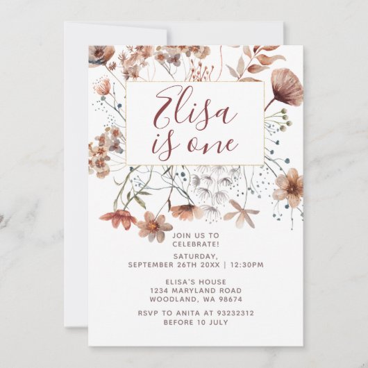 Autumn Boho Wildbloemen 1e verjaardag Invitat Kaart (Voorkant)