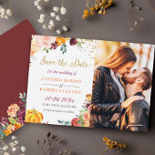 Autumn Botanical Floral Gold Script Photo Save The Date