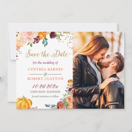 Autumn Botanical Floral Gold Script Photo Save The Date (Voorkant)