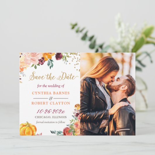 Autumn Botanical Floral Gold Script Photo Save The Date (Staand voorkant)