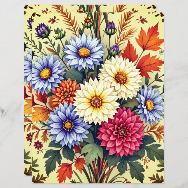 Autumn Bouquet Asters and Dahlias Scrapbook Paper (Voorkant / Achterkant)