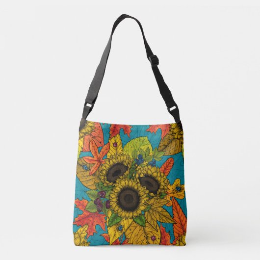 Autumn bouquet op blauw crossbody tas (Achterkant)