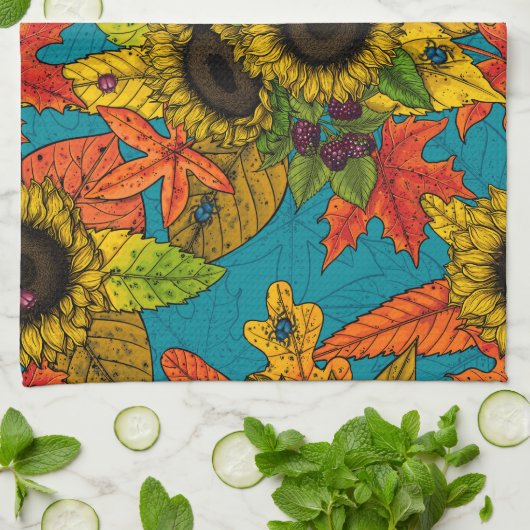 Autumn bouquet op blauw theedoek (Gevouwen)