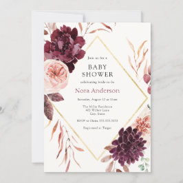 Autumn Bourgondië Bloemen Goud Lijst Baby shower Kaart