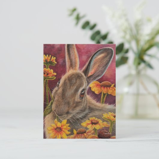 Autumn Bunny Rabbit Yellow Flowers Waterverf Art Briefkaart (Staand voorkant)