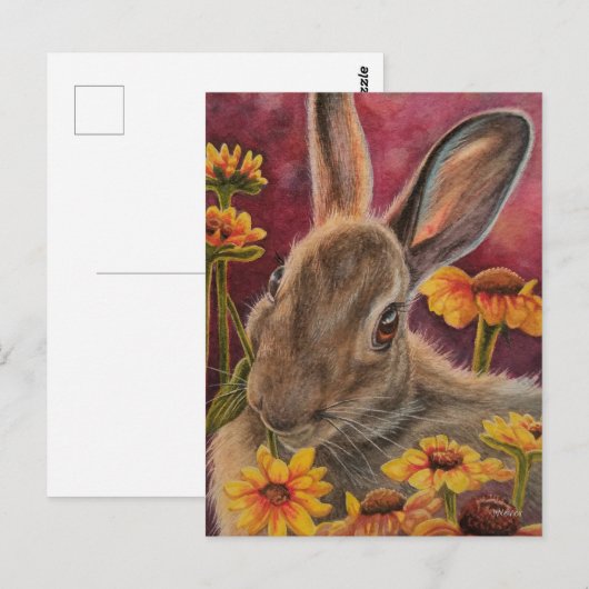 Autumn Bunny Rabbit Yellow Flowers Waterverf Art Briefkaart (Voorkant / Achterkant)
