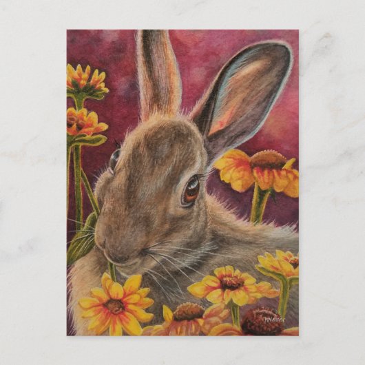 Autumn Bunny Rabbit Yellow Flowers Waterverf Art Briefkaart (Voorkant)