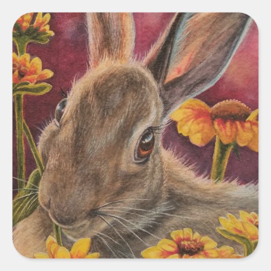 Autumn Bunny Rabbit Yellow Flowers Waterverf Art Vierkante Sticker (Voorkant)