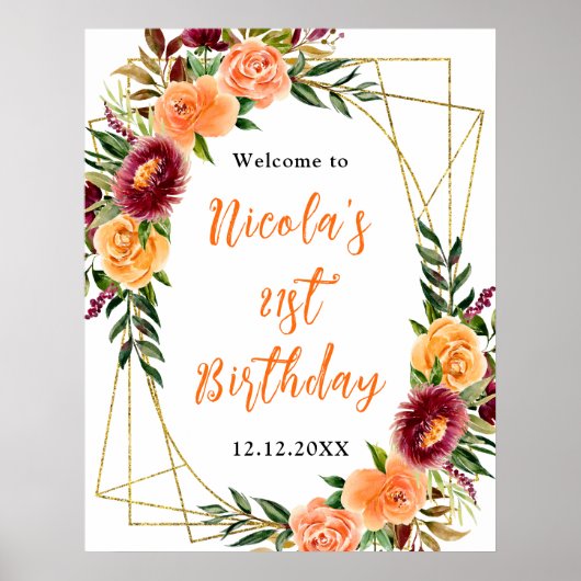 Autumn Burgundy and Orange Birthday Welcome Poster (Voorkant)