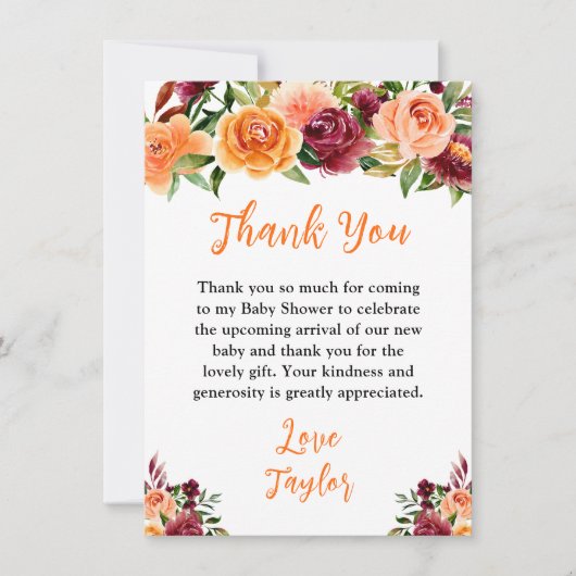Autumn Burgundy and Orange Floral Baby Shower Bedankkaart (Voorkant)