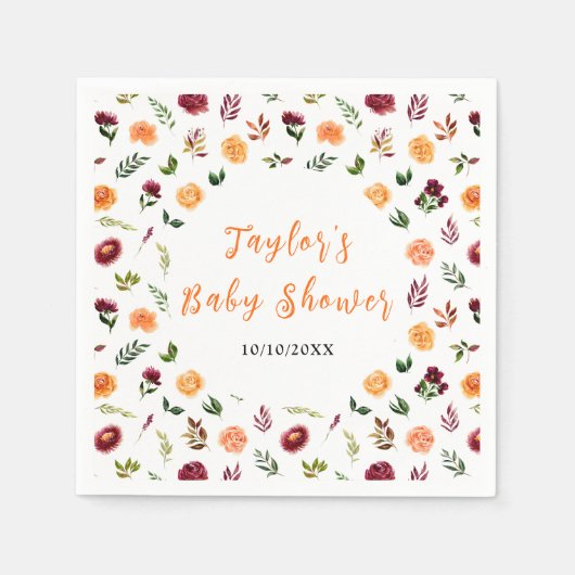 Autumn Burgundy and Orange Floral Baby Shower Servet (Voorkant)