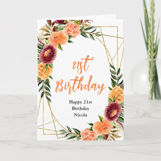 Autumn Burgundy and Orange Floral Birthday Kaart (Voorkant)