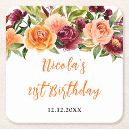 Autumn Burgundy and Orange Floral Birthday Kartonnen Onderzetters