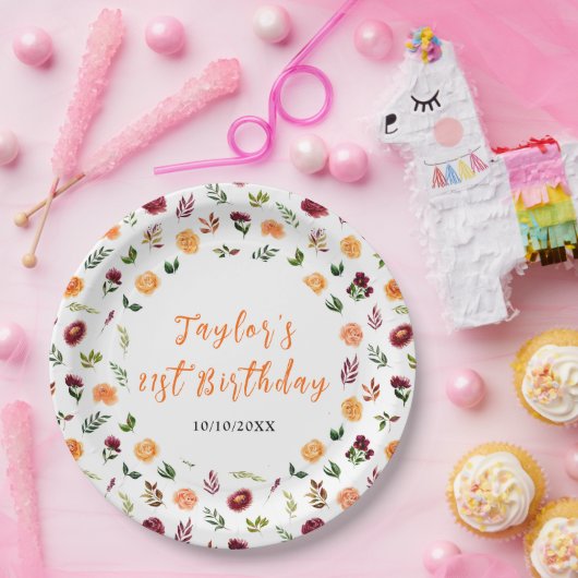 Autumn Burgundy and Orange Floral Birthday Papieren Bordje (Feest)