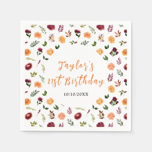 Autumn Burgundy and Orange Floral Birthday Servet (Voorkant)