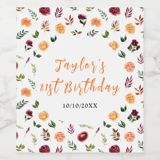 Autumn Burgundy and Orange Floral Birthday Wijn Etiket (Enkel label)