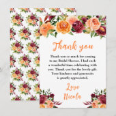 Autumn Burgundy and Orange Floral Bridal Shower Bedankkaart (Voorkant / Achterkant)