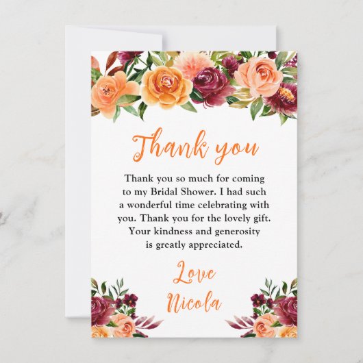 Autumn Burgundy and Orange Floral Bridal Shower Bedankkaart (Voorkant)
