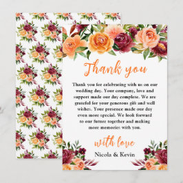 Autumn Burgundy and Orange Floral Wedding Bedankkaart