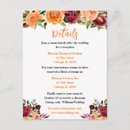 Autumn Burgundy and Orange Floral Wedding Details Informatiekaartje