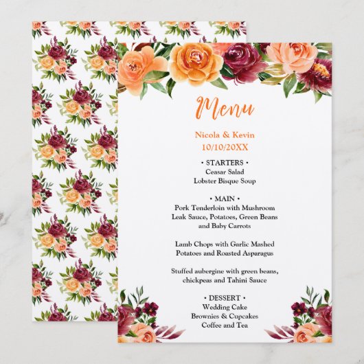 Autumn Burgundy and Orange Floral Wedding Menu (Voorkant / Achterkant)