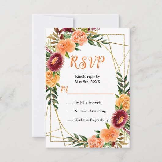 Autumn Burgundy and Orange Flowers RSVP Kaartje (Voorkant)