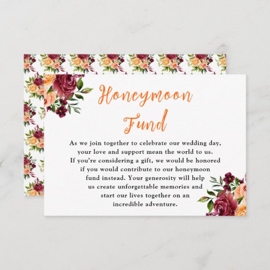 Autumn Burgundy and Orange Wedding Honeymoon Fund Informatiekaartje (Voorkant / Achterkant)