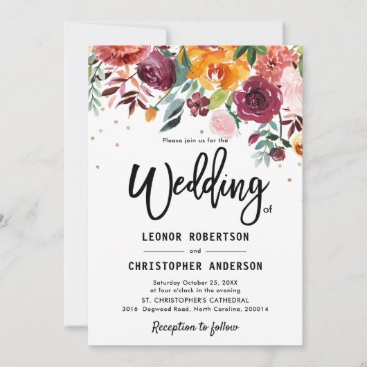 Autumn Burgundy Blush Floral Blossom Wedding Kaart (Voorkant)