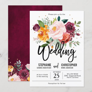 Autumn Burgundy Blush Floral Blossom Wedding Kaart