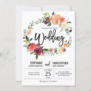 Autumn Burgundy Blush Floral Blossom Wedding Kaart