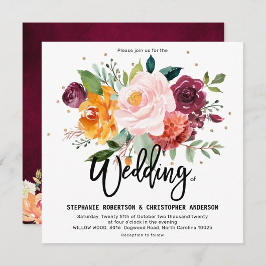 Autumn Burgundy Blush Floral Blossom Wedding Kaart (Voorkant / Achterkant)