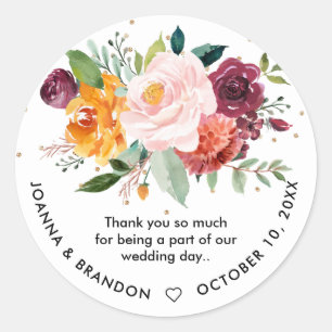 Autumn Burgundy Blush Floral Blossom Wedding Ronde Sticker