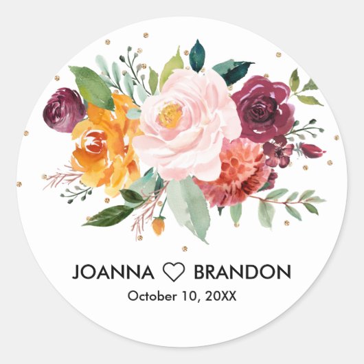 Autumn Burgundy Blush Floral Blossom Wedding Ronde Sticker (Voorkant)