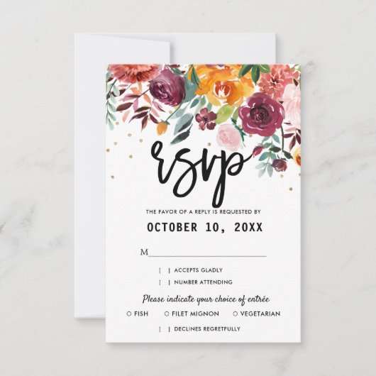 Autumn Burgundy Blush Floral Blossom Wedding RSVP Kaartje (Voorkant)