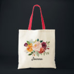 Autumn Burgundy Blush Floral Blossom Wedding Tote Bag<br><div class="desc">Waterverf herfst / herfst floral bridesmaids gift totebag bevat een verbluffend bouquet van blote, oranje perzik en marsala burgundy roos bloemen met groene botanische bladeren en eucalyptusbladeren en faux goudglitter. Deze kleurrijke uitnodiging zal perfect zijn voor herfst- of herfstbruiloften, lentetendingen en boho-thematisch bruiloften. Zoek meer overeenkomende design en variaties uit...</div>
