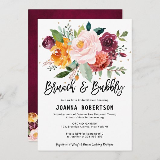 Autumn Burgundy Blush Floral Brunch & Bubble Kaart (Voorkant / Achterkant)
