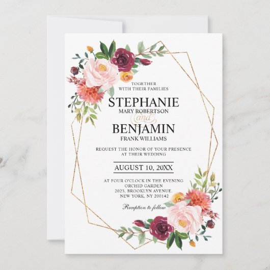 Autumn Burgundy Blush Floral geometrische bruiloft Kaart (Voorkant)