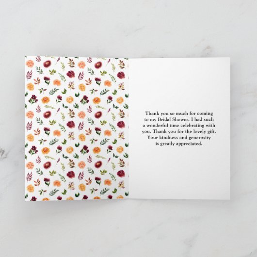 Autumn Burgundy en Oranje Floral Vrijgezellenfeest Bedankkaart (Binnen)