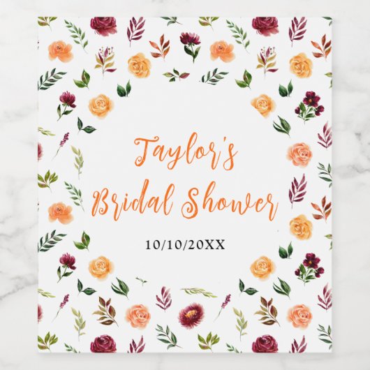 Autumn Burgundy en Oranje Floral Vrijgezellenfeest Wijn Etiket (Enkel label)