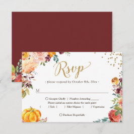 Autumn Burgundy Floral Pumpkin Gold Wedding RSVP Kaartje