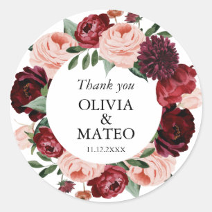 Autumn Burgundy Flower Wedding Favor Ronde Sticker