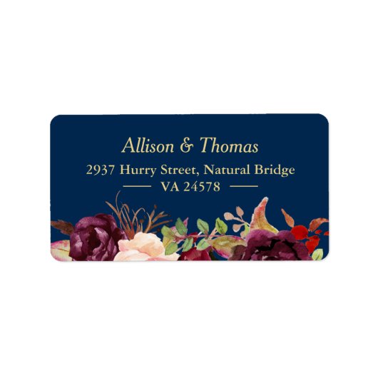 Autumn Burgundy Marsala Floral Navy Blue Wedding Etiket (Voorkant)