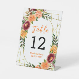 Autumn Burgundy Orange Floral Wedding Table Number Reclamebord Met Voetstuk