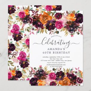 Autumn Burgundy & Oranje Floral Birthday Party Kaart